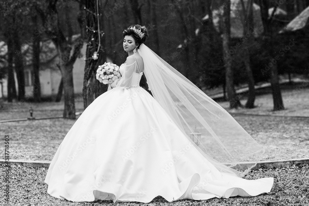 Beautiful bride in white dress in the garden. Beautiful bride perfect style. Wedding hairstyle make-up luxury wedding dress and bride's bouquet. Details for marriage, and for spouses Beautiful bride in white dress in the garden. Beautiful bride perfect style. Wedding hairstyle make-up luxury wedding dress and bride's bouquet. Details for marriage, and for spouses