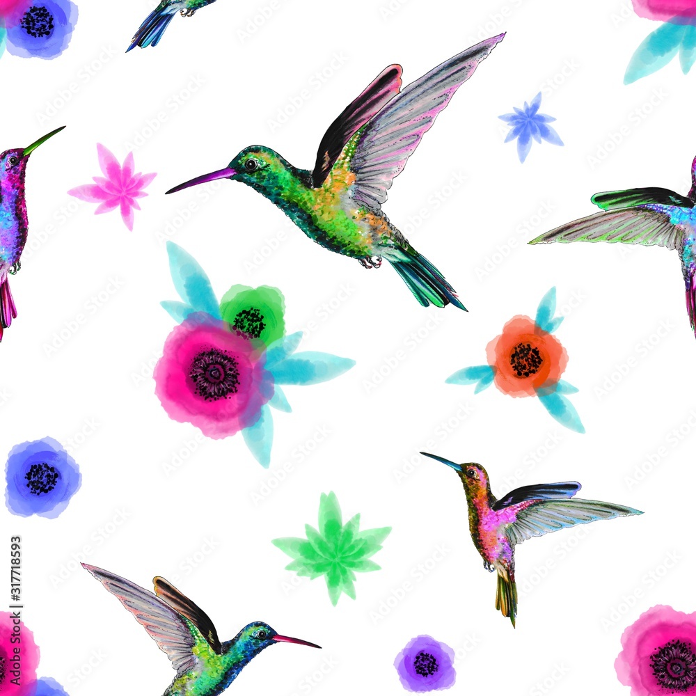 Seamless pattern with multicolor hummingbirds