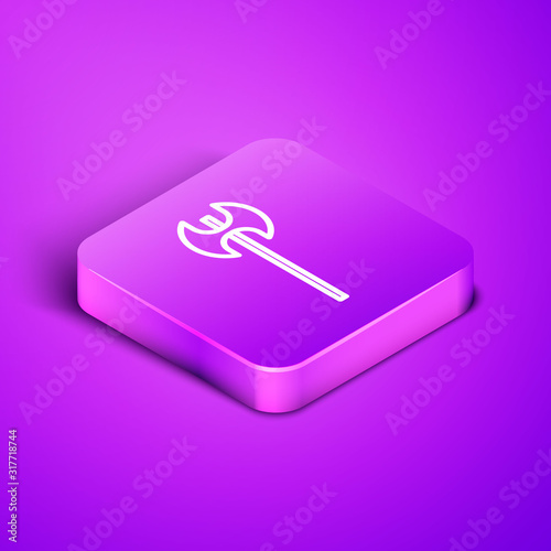 Isometric line Medieval axe icon isolated on purple background. Battle axe, executioner axe. Medieval weapon. Purple square button. Vector Illustration