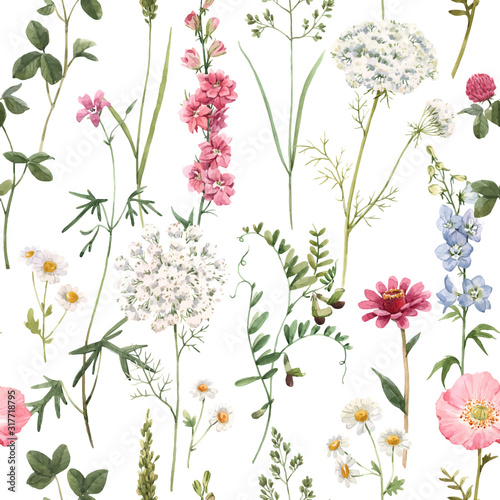 Fototapeta Beautiful vector floral summer seamless pattern with watercolor hand drawn field wild flowers