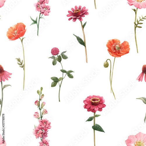 Beautiful vector floral summer seamless pattern with watercolor hand drawn field wild flowers. Stock illustration.