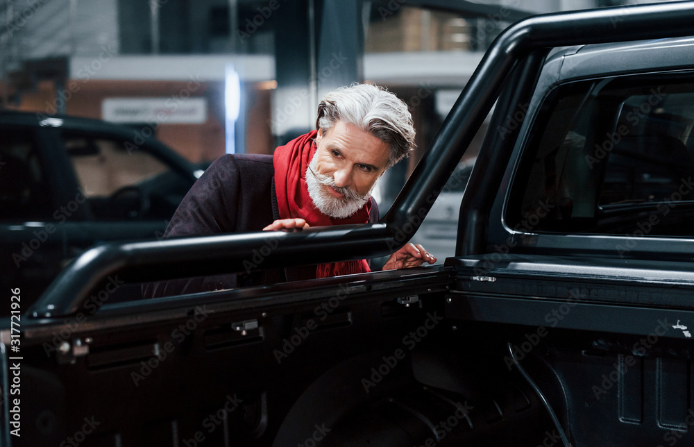 Fashionable old man with grey hair and mustache looking for a new car indoors in salon