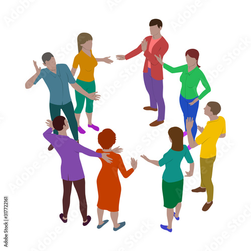 Four women and four men talk emotionally while standing in a circle. Group of people in isometric view. Meeting of employees or couples.