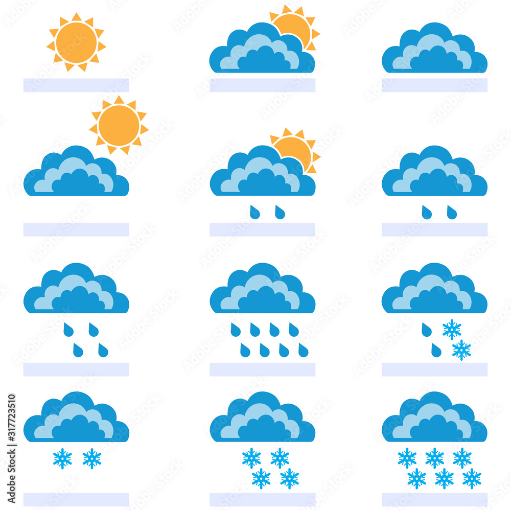 Symbols of the sun, clouds, rain and snow. Infographic elements for weather forecast, icon set. Vector illustration. Symbols of the sun, clouds, rain and snow. Infographic elements for weather forecast, icon set. Vector illustration.