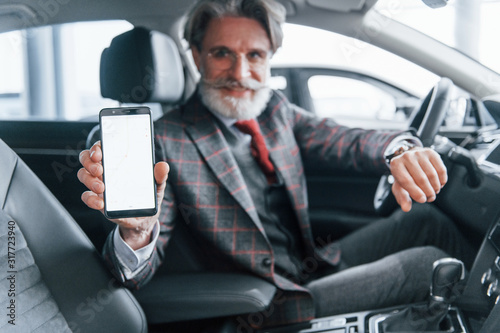 Modern stylish senior man with grey hair and mustache holding smartphone in the modern car © standret