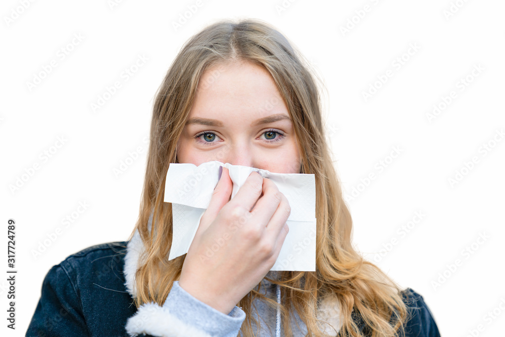 a girl wipes her nose with a handkerchief a girl wipes her nose with a handkerchief