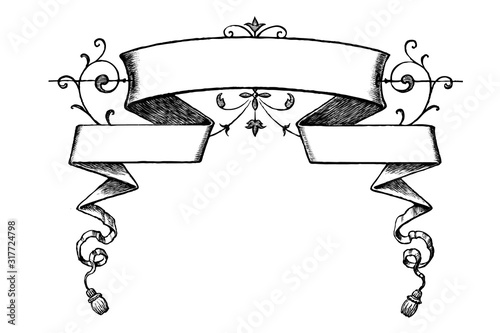 Old vintage ribbon. Engraving emblem set. Heraldic retro shape. Hand-drawn element. Vector Illustration