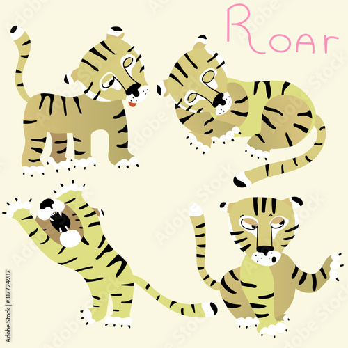 Set of funny tigers. Sleeping, walking, sitting and frightening. Vector decor element for kids t-shirt design.