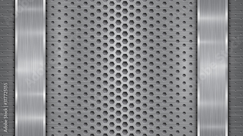 Background in silver and gray colors, consisting of a perforated metallic surface with holes and two vertical polished plates located left and right, with a metal texture, glares and shiny edges