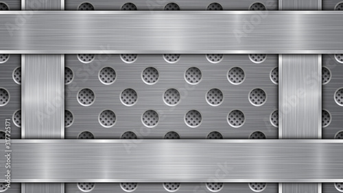 Background in silver and gray colors, consisting of a perforated metallic surface with holes and vertical and horizontal polished plates located on four sides, with a metal texture and shiny edges