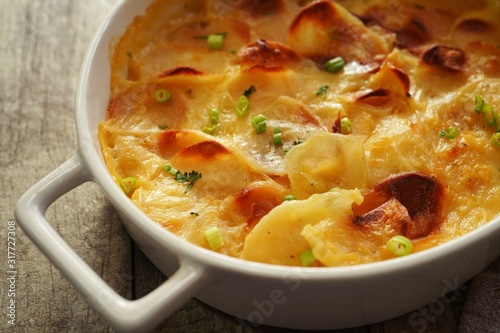 Potato Gratin / Scalloped potatoes close up, selective focus
