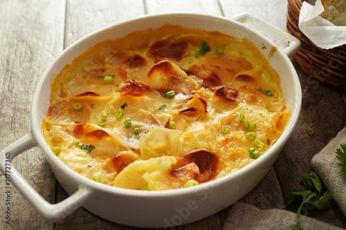 Potato Gratin / Scalloped potatoes close up, selective focus