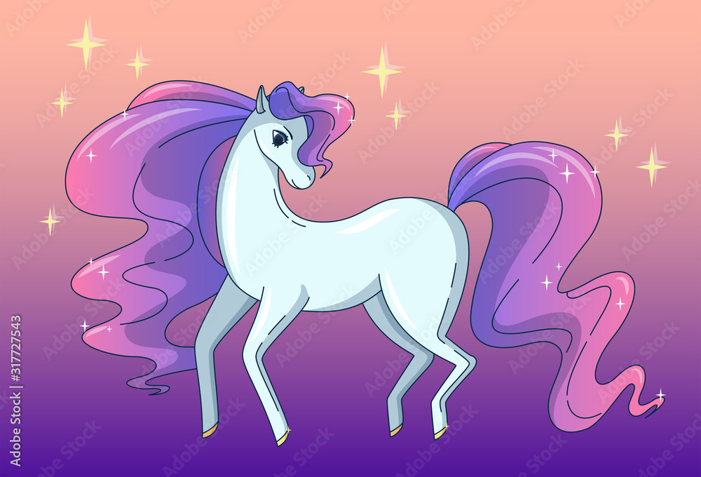 Fototapeta premium Pretty horse with waving mane and tail, shining like a brilliant. Vector illustration in cute cartoon style