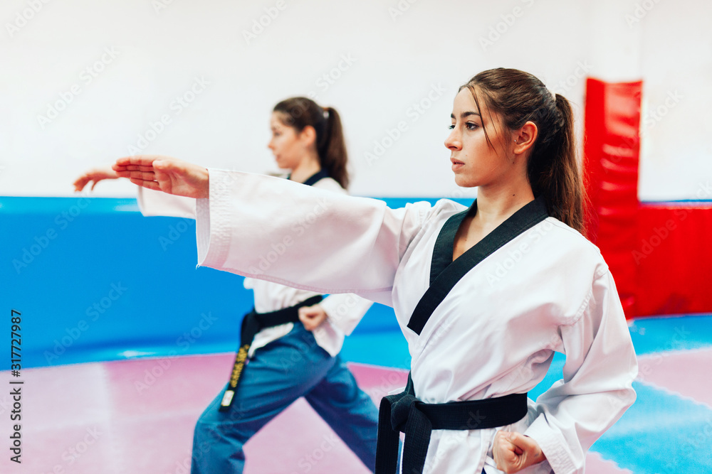 Fototapeta premium Two young women practice taekwondo in a training center