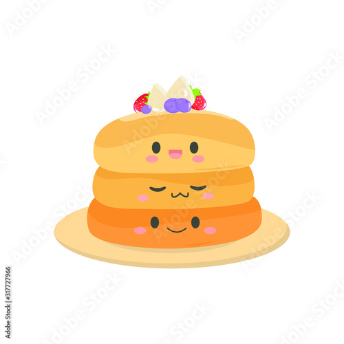 Vector illustration with cute kawaii pancakes. Cartoon happy pancakes with fruit for breakfast. Isolated on a white background.