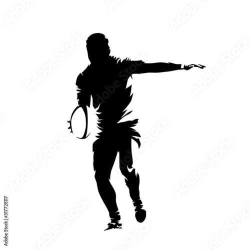 Rugby player kicking ball, isolated vector silhouette, ink drawing