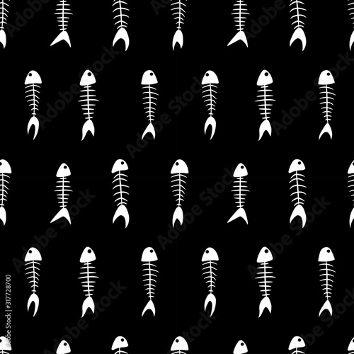 seamless black and white pattern with fish skeletons