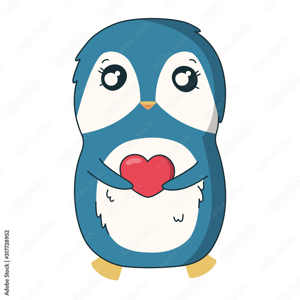 Saint Valentines day gift: penguin with the heart in hands. Vector illustration in cute cartoon style on white background Saint Valentines day gift: penguin with the heart in hands. Vector illustration in cute cartoon style on white background