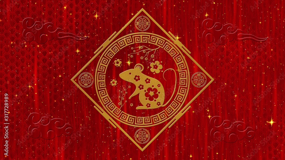 Lunar New Year, Spring Festival background with golden rat, glittering stars. Chinese new year  for holiday event. 3D rendering