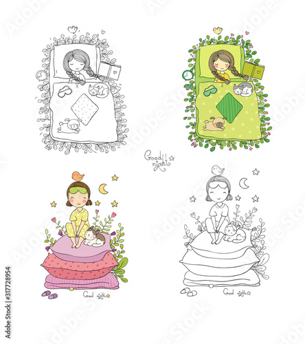 Sleeping girls set. Princess on the Pea. Time to sleep. Good night. Sweet Dreams. Linens. Pillows and blankets