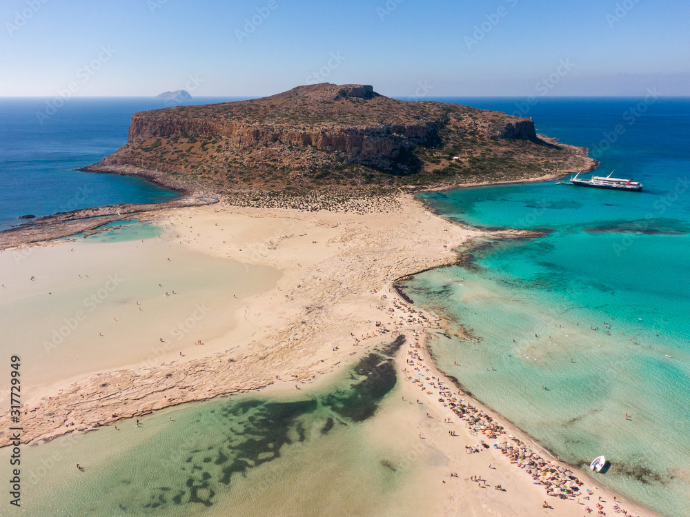 Top view of Balos bay in Crete, the Mediterranean Sea and clear azure water in the frame. Aerial photography