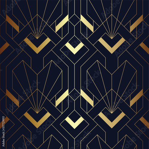 Abstract art deco seamless blue and golden pattern 14