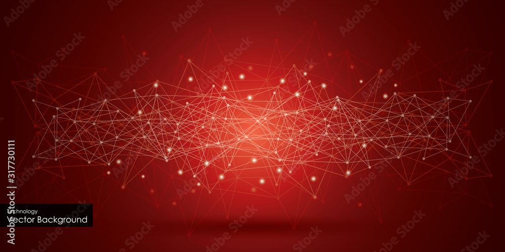 Obraz premium Abstract futuristic - Molecules technology with polygonal shapes on dark red background. Illustration Vector design digital technology concept.