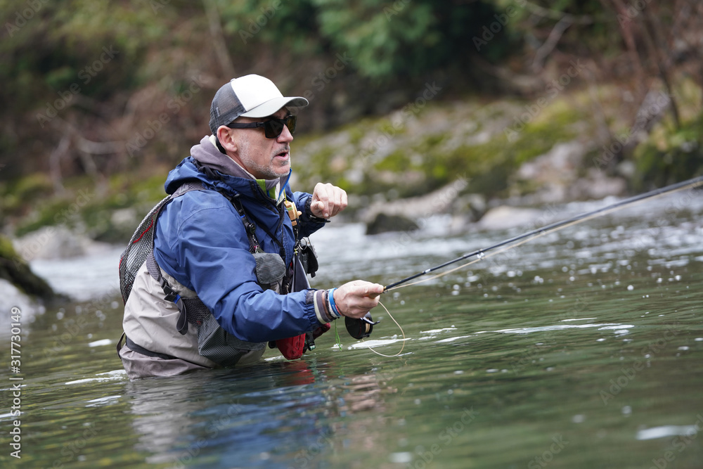 trout fly fisherman in river trout fly fisherman in river