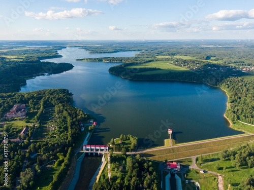 Tableau sur toile Aerial photo of a huge water reservoir, Istra district, Russia