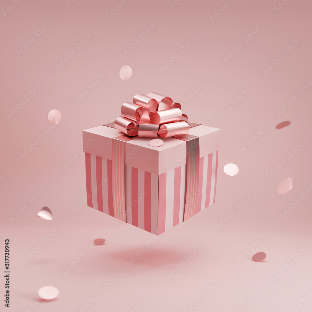 ภาพประกอบสต็อก Pink gift box with golden ribbon bow levitating on ...