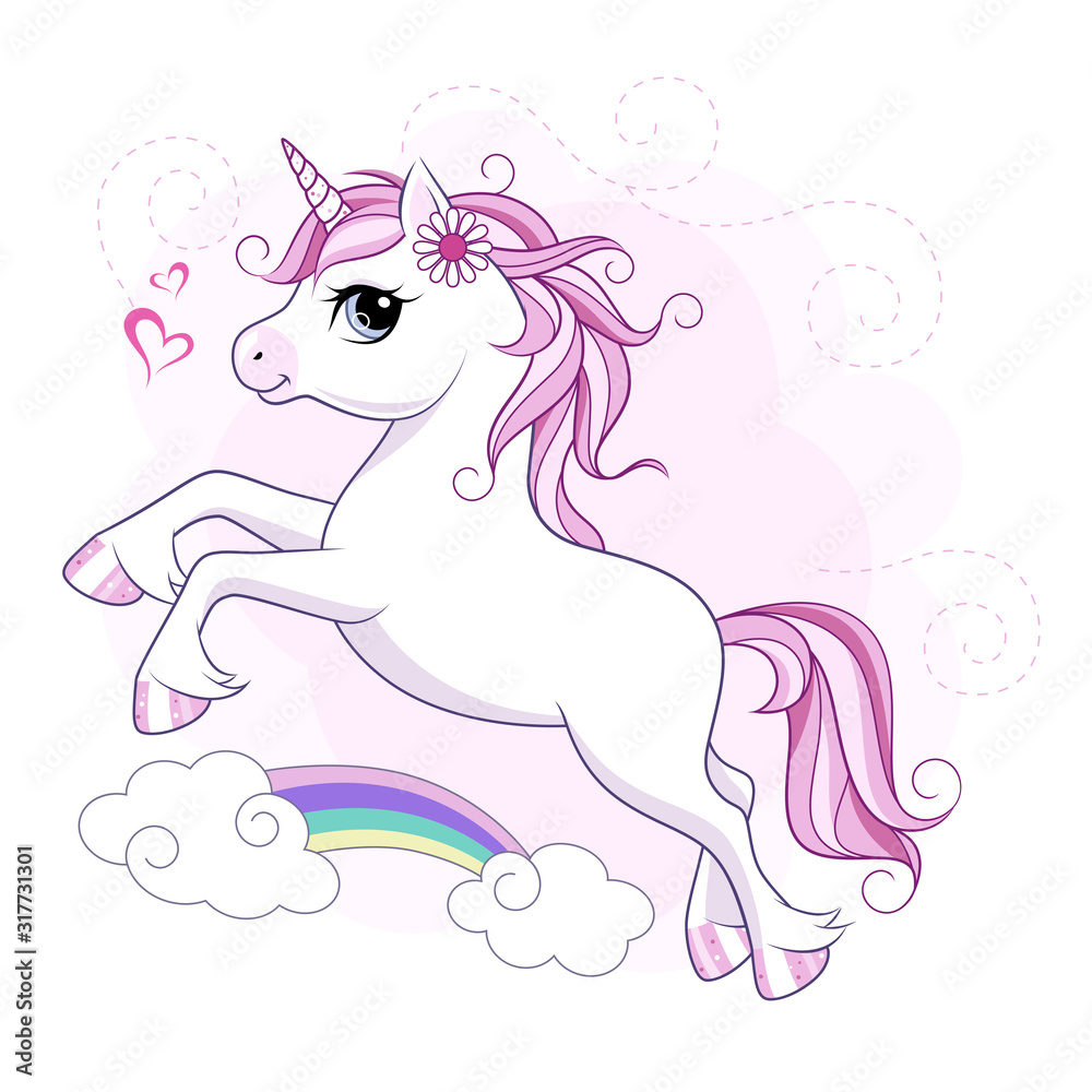 Cute little unicorn character over pink background with rainbow. Vector.