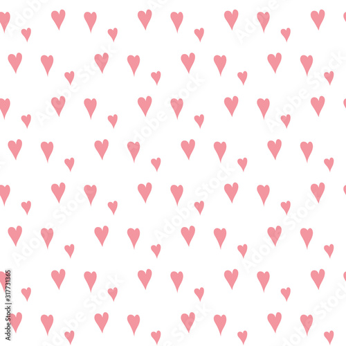 Seamless pattern of small pink hearts on a white background.