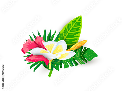 Tropical exotic leaves, hibiscus and plumeria flowers, vector illustration isolated on white background. Design element for poster, web, flyers, invitation, postcard, t-shirt, SPA, sticker.