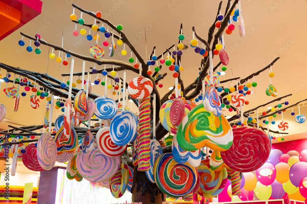 colourful tree made of lollipops, candy and sweets