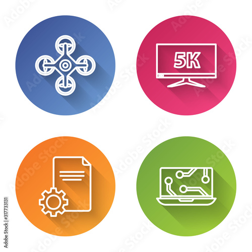 Set line Drone, Monitor display with 5k video, File document and Laptop. Color circle button. Vector