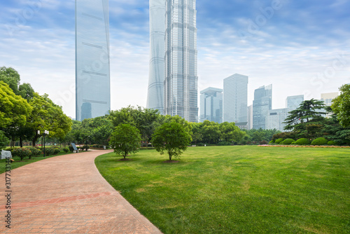 city park with modern buildings background in shanghai