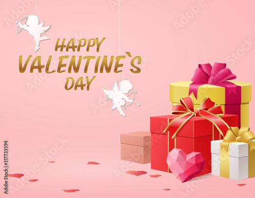 Happy Valentines Day romantic greeting card design with flying cupids above gift wrapped presents on a pink background with copy space, vector illustration