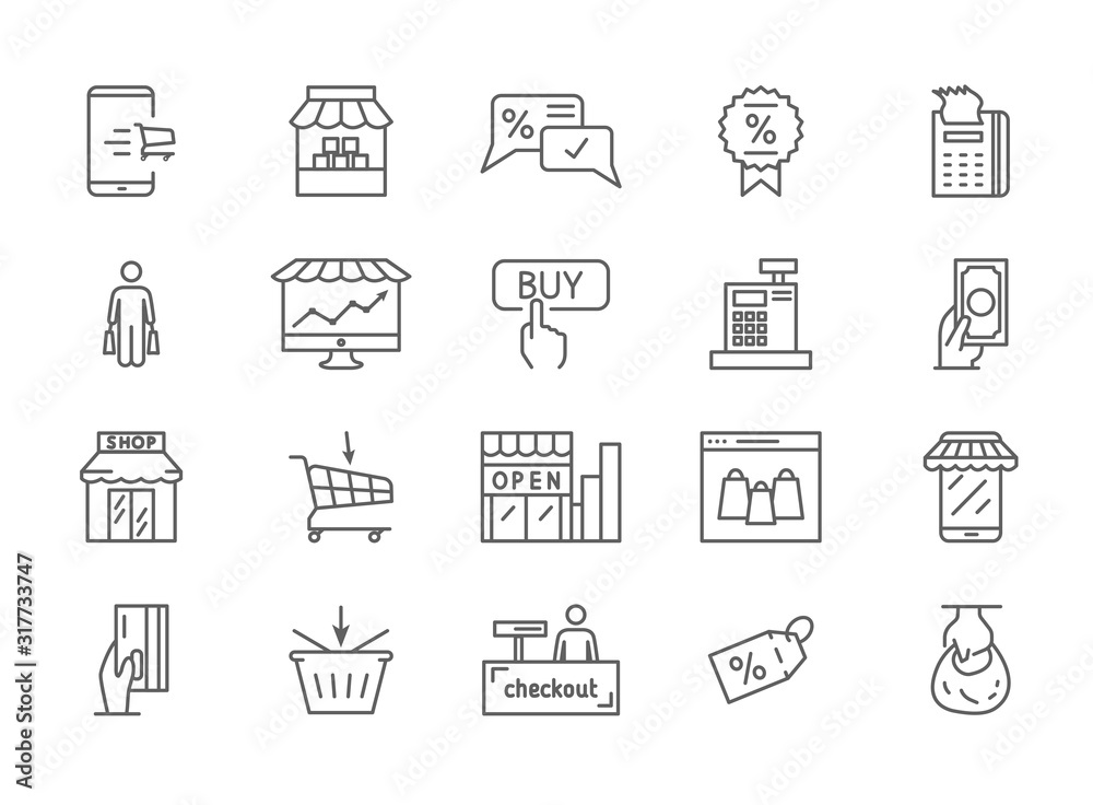 Large collection of twenty simple shopping icons depicting stores, shops, merchandise, sales tags, payment, and transactions on white for design elements, vector illustration