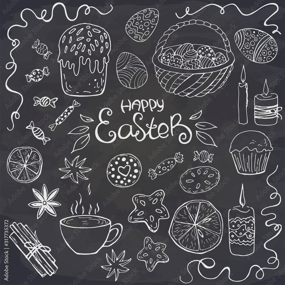 Set of easter food on chalkboard. Basket with colored eggs, glazed cake, candle, cup, biscuit, orange, spices. Vector illustration. Perfect for postcard, greeting card, print.
