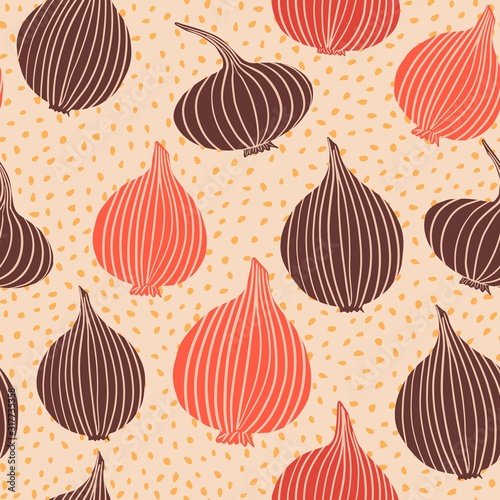 Creative onion bulb vegetable wallpaper. Onion in doodle style seamless pattern.