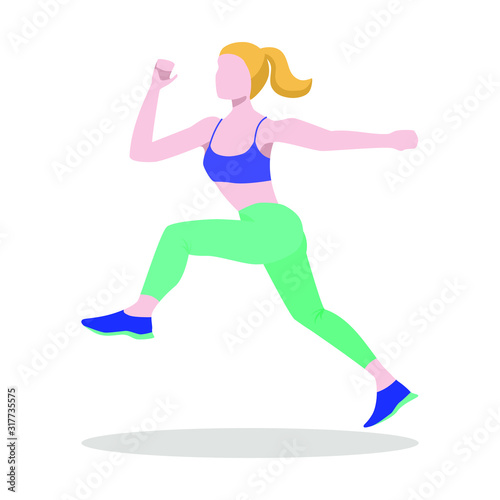 Running woman, woman jogging. Healthy lifestyle. Girl doing training. Flat vector concept illustration on white background. Side view. 