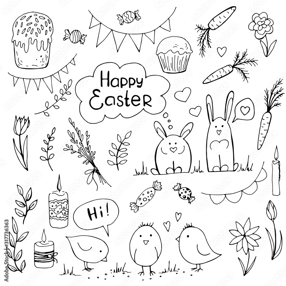 Set of doodle easter elemetns isolated on white background. Rabbit, carrot, tulips, glazed cake, candle, chick. Vector illustration. Perfect for coloring book, greeting card, print. Stock Vector