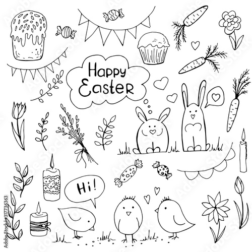 Set of doodle easter elemetns isolated on white background. Rabbit, carrot, tulips, glazed cake, candle, chick. Vector illustration. Perfect for coloring book, greeting card, print.