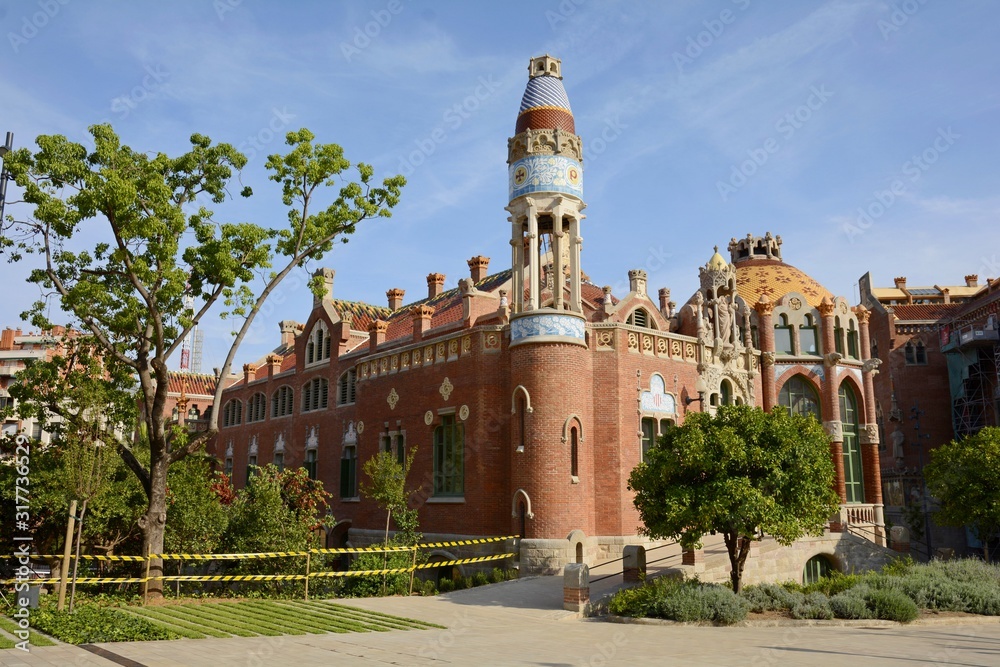 Hospital Sant Pau. Barcelona Spain. 06. September. 2014. The hospital complex was built in 1901-1930. in the El Ginardo area. The ensemble of buildings of the Hospital of the Holy Cross and St. Paul
