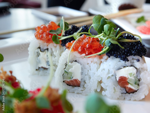 sushi rolls on a plate. close up