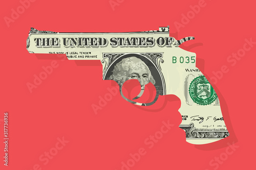 business finance concept, dollar currency money Finance gun revolver ,Financial threat . Vector illustration flat design