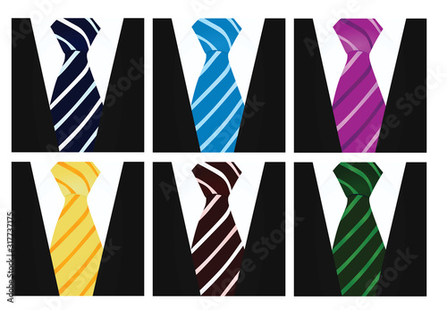 White shirt and black suit with colorful tie set. close up. vector illustration