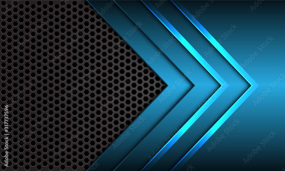 Abstract blue metallic arrow direction with dark grey hexagon mesh design modern futuristic background vector illustration. Abstract blue metallic arrow direction with dark grey hexagon mesh design modern futuristic background vector illustration.