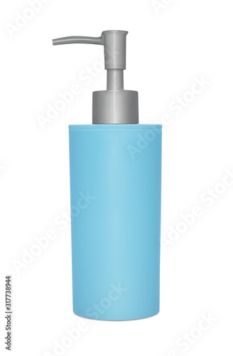 Blue soap bottle dispenser isolated on white background