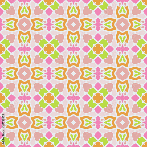 Creative color abstract geometric pattern in pink, green and orange, vector seamless, can be used for printing onto fabric, interior, design, textile